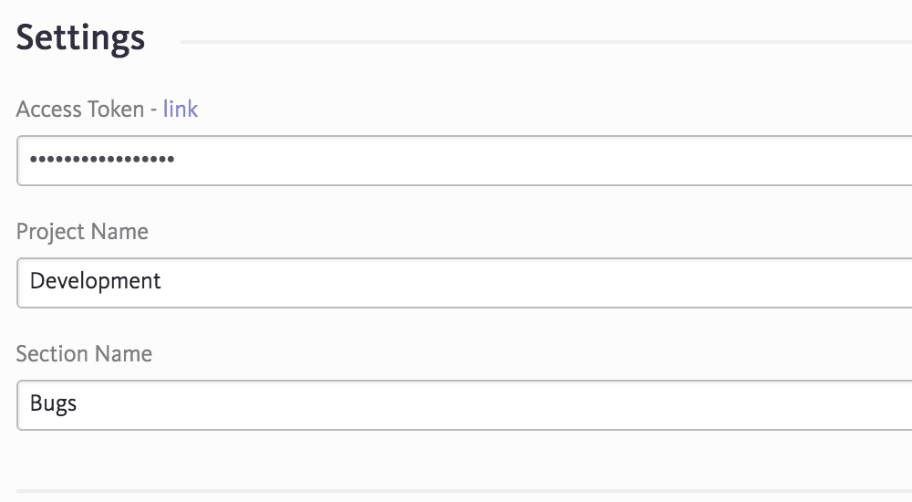 Paste access token and set MeisterTask Project and Section