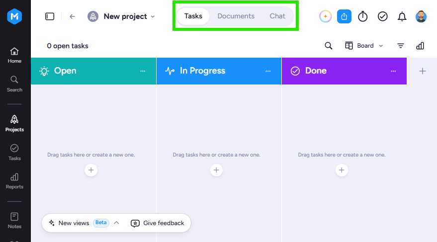 A new project with the Tasks, Documents and Chat tabs highlighted at the top
