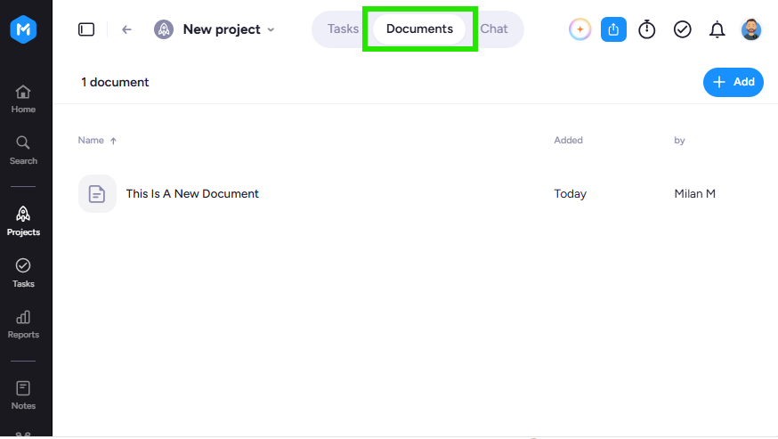 The Documents tab selected at the top of a project
