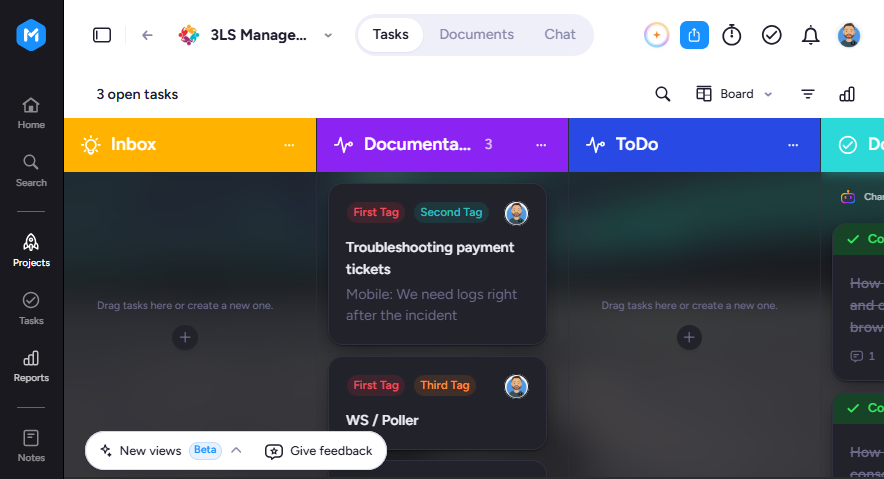 Board view of a project in the Tasks tab