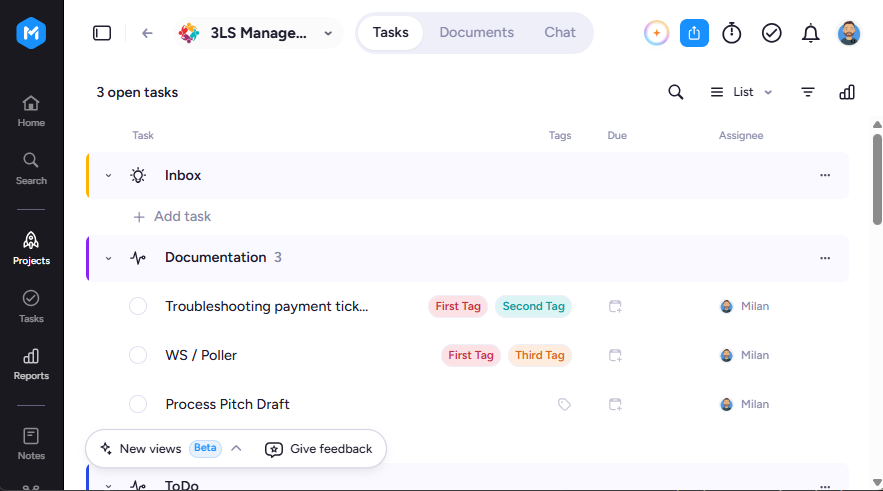 List view of a project in the Tasks tab, with tasks grouped by section