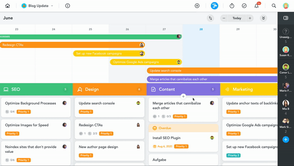 GIF of changing the task sorting method on the Timeline